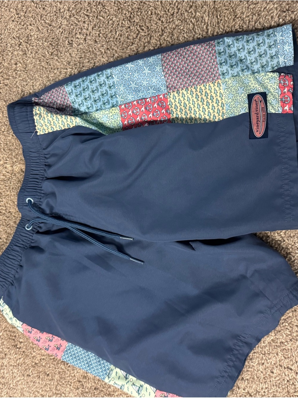 Vineyard Vines Navy Swim Shorts with Multicolor Patchwork Trim